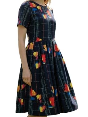 Lularoe Amelia Small Dress  Black Abstract Flames Floral Pink Colorful Unicorn